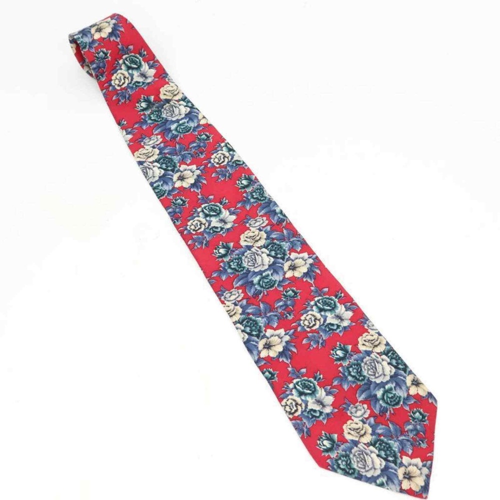 LORD & TAYLOR Kensington Collection Mens Long Neck Tie Red Floral 100% Silk Wide